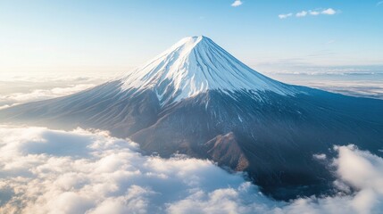 Fototapeta premium Aerial perspective of a snow-capped mountain peak, capturing the majestic beauty of the mountain. The scene emphasizes the serene white landscape with ample copy space.