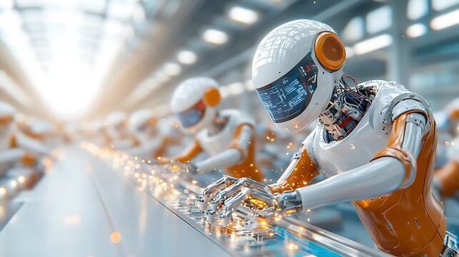 A post produced illustration shows a futuristic factory setting where sleek, autonomous industrial robots are seen carrying out various tasks independently
