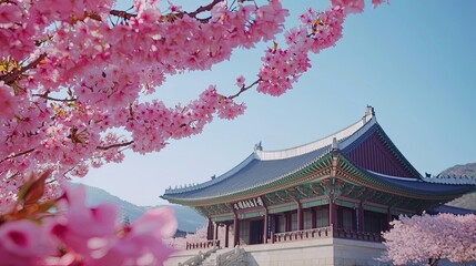 Pink cherry blossoms frame a traditional Asian building under a clear blue sky.