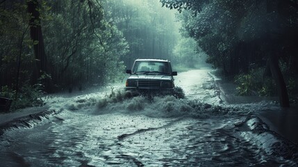 Car trapped in floodwater on forest road amid heavy rain highlights effects of extreme weather