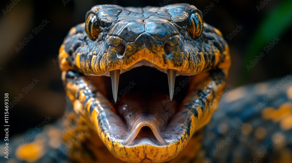 Poster a hyper-realistic portrayal of a fierce predator, showcasing its sharp teeth and vibrant colors. the