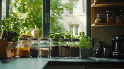 A kitchen scene with glass jars of spices and plant-based ingredients, ready for meal preparation and clean eating 
