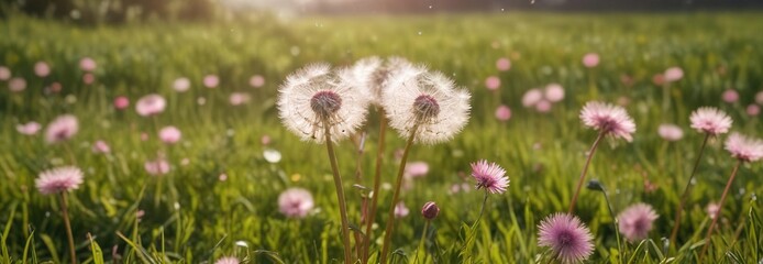Fototapeta premium Dandelion flower head with many pink heart-shaped seeds blowing gently in the wind on a sunny meadow, meadow, flower, dandelion