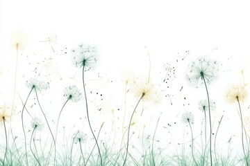 Dandelions drift happily in the breeze, their delicate seeds floating gracefully against a white background, creating a whimsical atmosphere. Generative AI