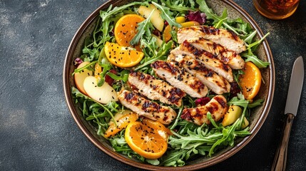 Savory carrot arugula salad filled with sliced apples, oranges, and sesame flame grilled chicken strips served in a wide dish, perfect for a fresh and vibrant meal. Photo style with copy space.
