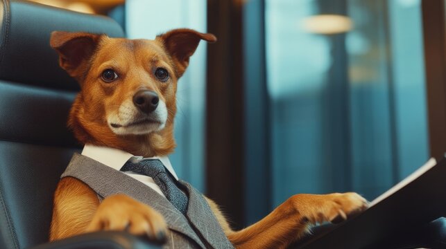 A stray dog mimics the pose and demeanor of a lawyer in an office environment during the evening, capturing a playful yet professional vibe with ample copy space.