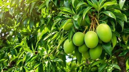 Lush green mango tree, bunch of unripe mangoes, vivid green foliage