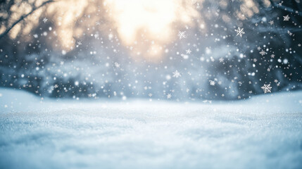 Naklejka premium Winter snowflakes falling gently in serene forest landscape with sunlight