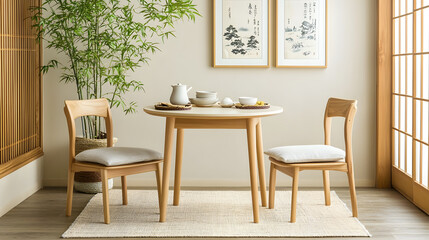 Fototapeta premium compact Japanese inspired dining nook featuring round wooden table, two chairs, and bamboo plant. serene atmosphere is enhanced by traditional artwork and natural materials