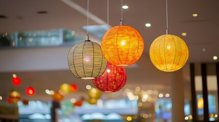 Colorful hanging lantern create a warm ambiance in a modern indoor space.