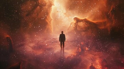 Fototapeta premium A solitary man adrift in the stunning universe surrounded by stars and glowing nebulae