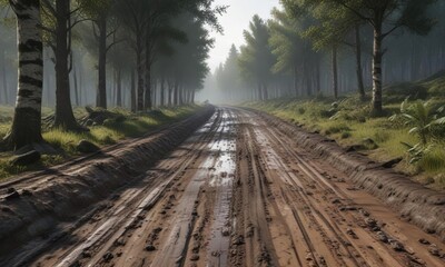 Fototapeta premium Forest road with numerous tire tracks, ruts, and muddy patches, winding through trees , muddy patches, rough surface