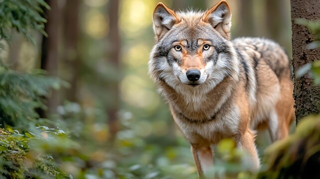 The portrait shows a majestic wolf standing tall in a dense forest, with its piercing gaze and thick fur blending seamlessly with the shadows of the trees around it.