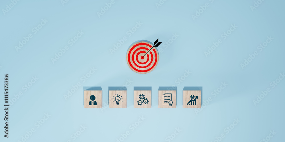 Wall mural woods block step on table with icon action plan, goal and target, success and business target concep