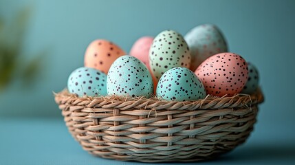 Colorful speckled easter eggs in a woven basket on a soft teal background. festive holiday decoration and spring celebration concept