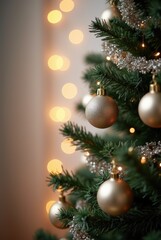 Fototapeta premium Gold Christmas Ornaments on Green Christmas Tree
