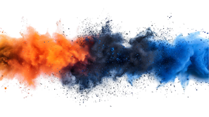 Black, Orange, Blue colours powder exploding isolated on a transparent background
