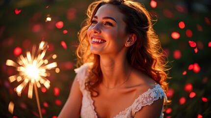 Naklejka premium Bride Celebrating with Sparklers and Rose Petals