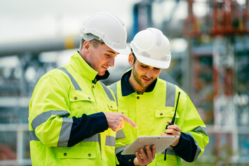 Engineer worker watching work monitor on digital table and checking for quality control at...