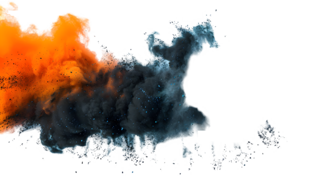 Black, Orange, Blue colours powder exploding isolated on a transparent background