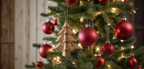 Fototapeta premium Glittering ornaments hanging from a wooden Christmas tree , tree, festive