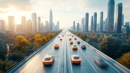 Fototapeta premium The overhead view reveals a network of sleek and futuristic roads bustling with autonomous vehicles traveling in perfect harmony