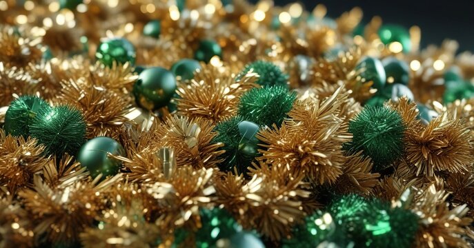 Glittering metallic tinsel in shades of green and gold, tinsel, green, pattern