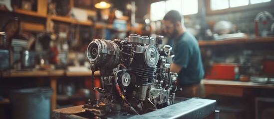 Fototapeta premium A close-up shot of a motorcycle engine in a workshop. A man is blurred in the background.