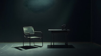 Empty room with a chair and table set up for an interrogation at night