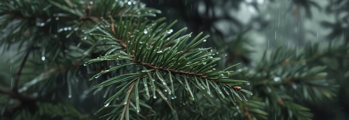 Moody close-up of glistening rain drops on pine tree needles, forest, nature, macro, winter, water droplets
