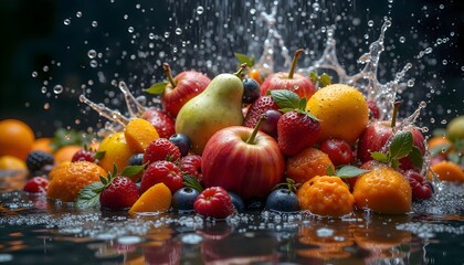 Vibrant assortment of fresh fruits. Water splashes dynamically around the fruits adding a refreshing and energetic element to the scene.