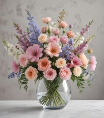 Obraz premium Pastel-colored flowers arrangement in a glass vase, bouquet, spring