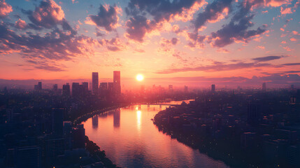Fototapeta premium Stunning sunset over a vibrant city skyline reflecting on a tranquil river with colorful clouds