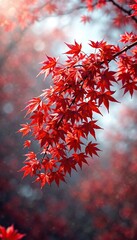 Red maple leaves cascade down from a branch in the wind , natural movement, deciduous trees