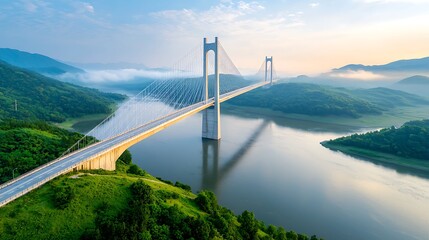 Fototapeta premium The aerial photograph captures the impressive engineering feat of a majestic bridge spanning a winding river, showcasing the intricate network of beams, cables