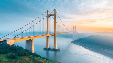 Obraz premium The aerial photograph captures the impressive engineering feat of a majestic bridge spanning a winding river, showcasing the intricate network of beams, cables
