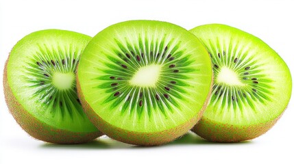 Fototapeta premium Three slices of fresh kiwi fruit, showcasing the vibrant green flesh and the black seeds in the center.