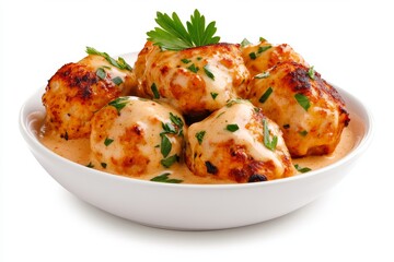  Albóndigas de pollo en una salsa cremosa, decoradas con perejil fresco y servidas en un tazón blanco. 