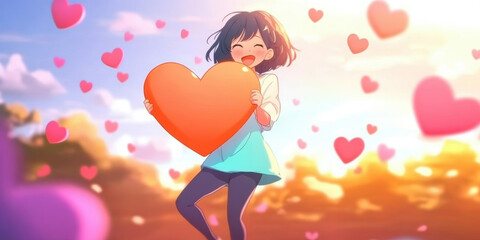 Cheerful girl holding a heart surrounded by floating hearts in a sunset landscape