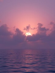 The sun's warm rays peek through the veil of a cloudy purple sky as they hit the calm surface of the sea, purple, wave, sunlight