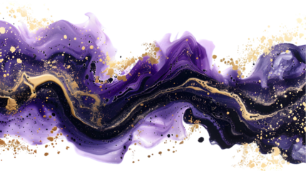 Black, Purple, Gold liquid colour mixed isolated on a transparent background
