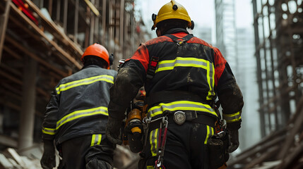 Obraz premium Construction workers in safety gear walking through construction site, showcasing teamwork and safety