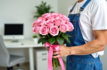 Delivery man with a bouquet of pink roses at the modern office background