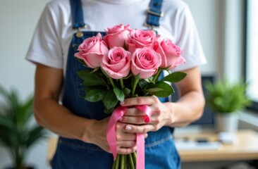Delivery man with a bouquet of pink roses at the modern office background