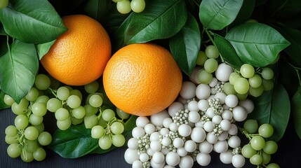 Two oranges and green grapes with white berries and leaves.
