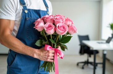 Delivery man with a bouquet of pink roses at the modern office background