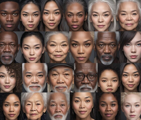 Human diversity, diverse races and ages. White, black and Asian men and women, young and elderly people portraits on dark background. Mosaic of miscellaneous people.