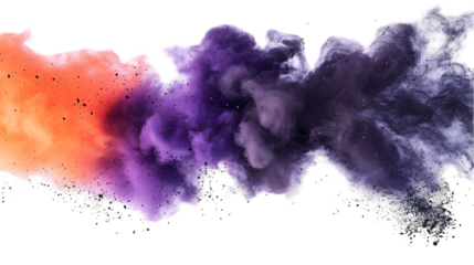 Black, Purple, Orange colours powder exploding isolated on a transparent background