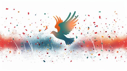 ​Sudan Independence Day.​ Minimalist illustration of a dove flying through confetti in an abstract celebration of freedom and hope.