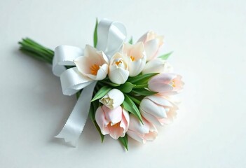 Obraz premium White ribbon bow adorns a delicate bunch of origami tulip flowers on wooden paper petals, hand-tied bows, artistry